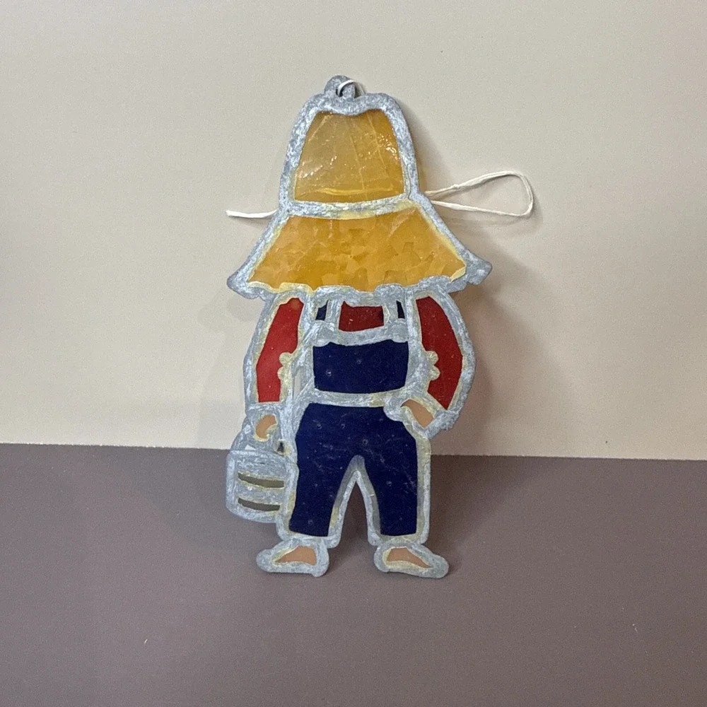 Vintage 80's Stained Glass Plastic Farm Boy Suncatcher